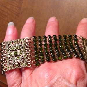Vintage VCLM Costume Jewelry Silky Metal Link, Green Rhinestone/BeadBracelet